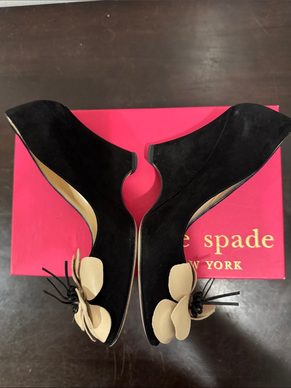Kate Spade - Caelyn - Black Suede Wedge Peep Toe Pumps with Beige Flower Accent - Picture 5 of 10